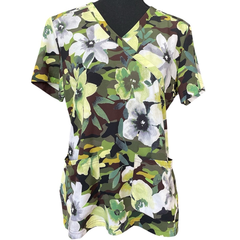 Koi Green and White Floral/Camo Uniform Scrub Top